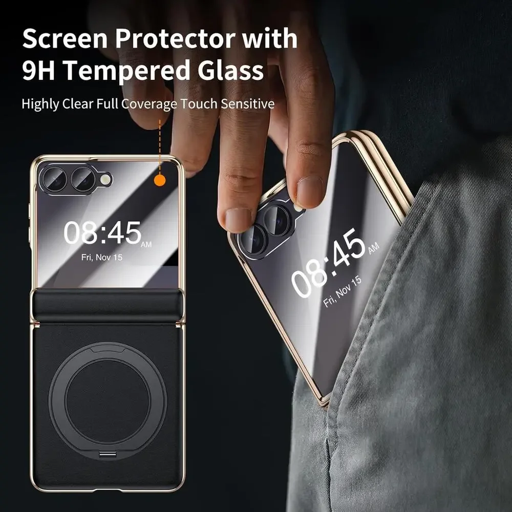 YOOVEI For Galaxy Z Flip 6 Case Luxury Leather With Screen Protector